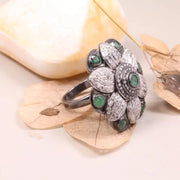Floral Vintage Ring – Sterling Silver 1990s Art Deco Ring with Round Cut Emerald Gemstone | Unique Old Style Jewelry Gift for Her