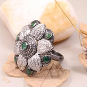 Floral Vintage Ring – Sterling Silver 1990s Art Deco Ring with Round Cut Emerald Gemstone | Unique Old Style Jewelry Gift for Her