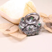 Floral Vintage Ring – Sterling Silver 1990s Art Deco Ring with Round Cut Emerald Gemstone | Unique Old Style Jewelry Gift for Her