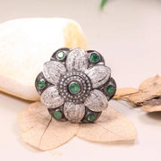 Floral vintage sterling silver ring with round cut emerald gemstone, 1990s Art Deco old-style unique jewelry gift for her