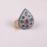 Antique Victorian Style Ruby and Emerald Gemstone Ring – Pear Shape 925 Sterling Silver Ring with Natural Diamond, Elegant Gift for Her