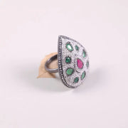 Antique Victorian Style Ruby and Emerald Gemstone Ring – Pear Shape 925 Sterling Silver Ring with Natural Diamond, Elegant Gift for Her