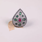 Antique Victorian Style Ruby and Emerald Gemstone Ring – Pear Shape 925 Sterling Silver Ring with Natural Diamond, Elegant Gift for Her