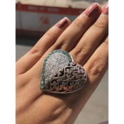 Heart Shaped Vintage Sterling Silver Ring | Green Emerald & Natural Diamond Cocktail Ring | Classic Statement Jewelry Gift for Her