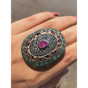 Vintage Oval Ruby and Emerald Ring – Victorian Style Sterling Silver Gemstone Statement Jewelry with Natural Diamonds, Elegant Gift for Her