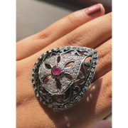 Georgian Style Sterling Silver Ruby Ring – Natural Black Diamond Accent, Handmade 1975s Vintage July Birthstone Gift for Her