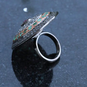 Oval Vintage Statement Ring – Ruby, Emerald & Black Diamond Cocktail Ring | 1999s Antique Sterling Silver Jewelry