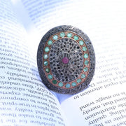 Oval Vintage Statement Ring – Ruby, Emerald & Black Diamond Cocktail Ring | 1999s Antique Sterling Silver Jewelry
