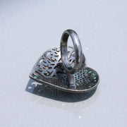 Heart Shaped Vintage Sterling Silver Ring | Green Emerald & Natural Diamond Cocktail Ring | Classic Statement Jewelry Gift for Her