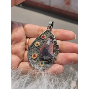 Art Deco Sterling Silver Pendant – Handmade Amethyst Teardrop with Pink Ruby & Emerald Accents | Unique Jewelry Gift