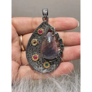 Art Deco Sterling Silver Pendant – Handmade Amethyst Teardrop with Pink Ruby & Emerald Accents | Unique Jewelry Gift