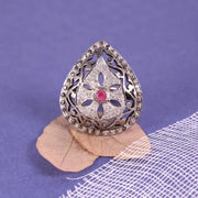 Georgian Style Sterling Silver Ruby Ring – Natural Black Diamond Accent, Handmade 1975s Vintage July Birthstone Gift for Her