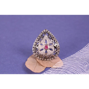 Georgian Style Sterling Silver Ruby Ring – Natural Black Diamond Accent, Handmade 1975s Vintage July Birthstone Gift for Her