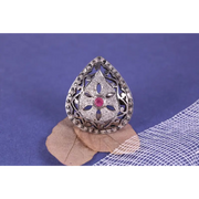 Georgian Style Sterling Silver Ruby Ring – Natural Black Diamond Accent, Handmade 1975s Vintage July Birthstone Gift for Her