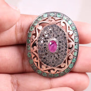 Vintage oval ruby and emerald sterling silver ring with natural diamond accents, Victorian style gemstone statement jewelry gift for her