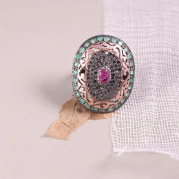 Vintage oval ruby and emerald sterling silver ring with natural diamond accents, Victorian style gemstone statement jewelry gift for her