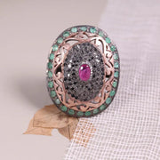 Vintage Oval Ruby and Emerald Ring – Victorian Style Sterling Silver Gemstone Statement Jewelry with Natural Diamonds, Elegant Gift for Her