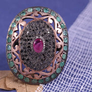 Vintage Oval Ruby and Emerald Ring – Victorian Style Sterling Silver Gemstone Statement Jewelry with Natural Diamonds, Elegant Gift for Her