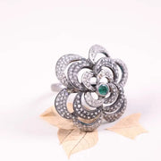 Victorian White Floral Ring – Sterling Silver Jewelry with Rich Green Diamond and Natural White Diamond Accents, Elegant Gift for Her