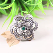 Victorian White Floral Ring – Sterling Silver Jewelry with Rich Green Diamond and Natural White Diamond Accents, Elegant Gift for Her