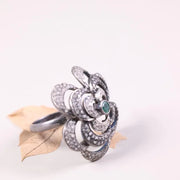 Victorian White Floral Ring – Sterling Silver Jewelry with Rich Green Diamond and Natural White Diamond Accents, Elegant Gift for Her