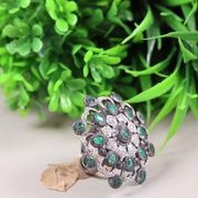 1970s Oval Cut Ring – Victorian Silver Statement Ring with Green Gemstone | Antique Elegant Floral Jewelry, Unique Royal Gift