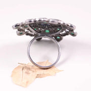 1970s Oval Cut Ring – Victorian Silver Statement Ring with Green Gemstone | Antique Elegant Floral Jewelry, Unique Royal Gift