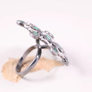 1970s Oval Cut Ring – Victorian Silver Statement Ring with Green Gemstone | Antique Elegant Floral Jewelry, Unique Royal Gift