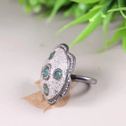 Vintage Green Emerald Ring – Art Deco Style Solid Sterling Silver Ring with White Diamond Accent, Nature-Inspired June Birthstone Gift