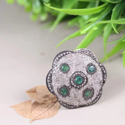 Vintage green emerald Art Deco ring, solid sterling silver with white diamond accent, nature-inspired June birthstone gift