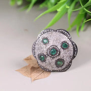 Vintage Green Emerald Ring – Art Deco Style Solid Sterling Silver Ring with White Diamond Accent, Nature-Inspired June Birthstone Gift