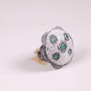 Vintage Green Emerald Ring – Art Deco Style Solid Sterling Silver Ring with White Diamond Accent, Nature-Inspired June Birthstone Gift