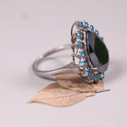 Art Deco Style Statement Ring – Pear Shaped Black Onyx with Blue Topaz Halo | Sterling Silver Cocktail Jewelry, Unique Engagement Gift