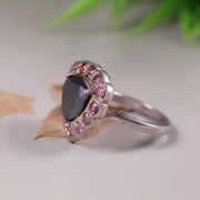 Art Deco Style Silver Cocktail Ring – Black Moissanite Trillion Cut with Pink Sapphire & Ruby Halo, Unique Statement Jewelry for Women