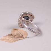 Art Deco Style Silver Cocktail Ring – Black Moissanite Trillion Cut with Pink Sapphire & Ruby Halo, Unique Statement Jewelry for Women