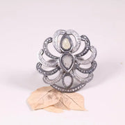 1998 artisan floral diamond ring, pear-shaped diamond cocktail ring, vintage 925 silver jewelry, anniversary gift for her