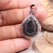 Vintage 1980s pear cut natural diamond pendant with gothic black stone in Art Deco silver antique necklace, handmade jewelry gift for her