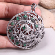 Sterling silver Victorian-style diamond pendant with round rose cut green diamond, Art Deco handmade jewelry gift