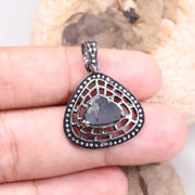 Art Deco Inspired Sterling Silver Pendant – Pear Cut Natural Black Diamond, Antique Gothic Jewelry Gift