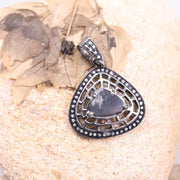 Art Deco Inspired Sterling Silver Pendant – Pear Cut Natural Black Diamond, Antique Gothic Jewelry Gift