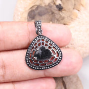 Art Deco Inspired Sterling Silver Pendant – Pear Cut Natural Black Diamond, Antique Gothic Jewelry Gift
