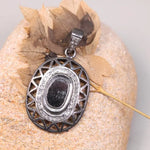 Vintage gothic statement pendant with oval cut black stone and natural diamond accents, handmade Georgian style antique jewelry necklace