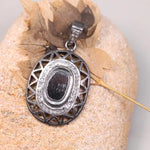 Vintage gothic statement pendant with oval cut black stone and natural diamond accents, handmade Georgian style antique jewelry necklace