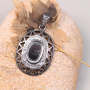 Vintage gothic statement pendant with oval cut black stone and natural diamond accents, handmade Georgian style antique jewelry necklace