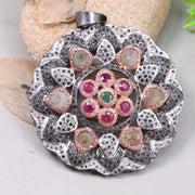 Victorian Style Pink Ruby & Green Diamond Pendant – Sterling Silver Natural Diamond Jewelry Gift