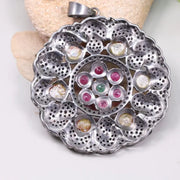 Victorian Style Pink Ruby & Green Diamond Pendant – Sterling Silver Natural Diamond Jewelry Gift