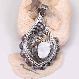 Vintage white opal pendant with antique diamond accents in Art Deco style silver, handmade statement jewelry gift for her