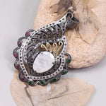 Vintage white opal pendant with antique diamond accents in Art Deco style silver, handmade statement jewelry gift for her