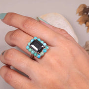 Vintage Turquoise Ring – 1990s Art Deco Victorian Style Jewelry with Emerald Cut Black Moissanite, Unique Statement Anniversary Gift