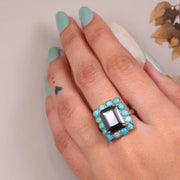 Vintage Turquoise Ring – 1990s Art Deco Victorian Style Jewelry with Emerald Cut Black Moissanite, Unique Statement Anniversary Gift